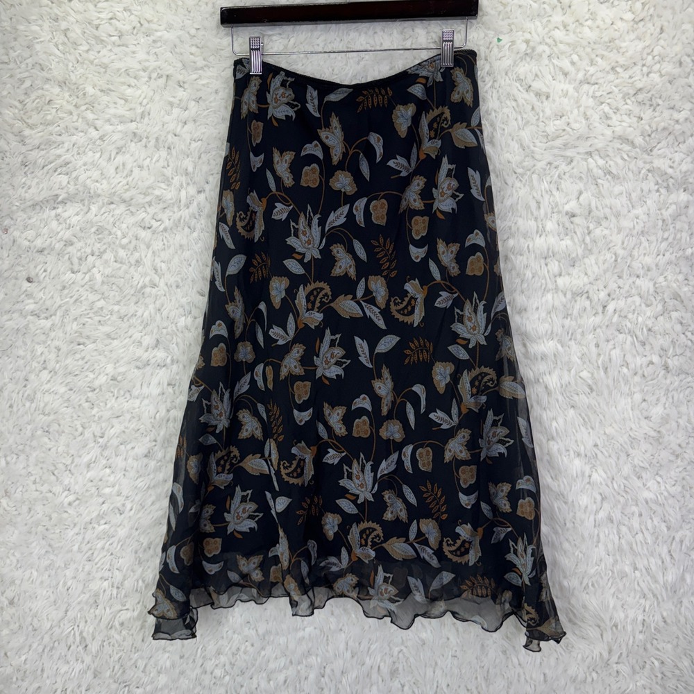 Worthington Floral Chiffon Midi Skirt 12 Black Dark Academia Cottagecore Boho
